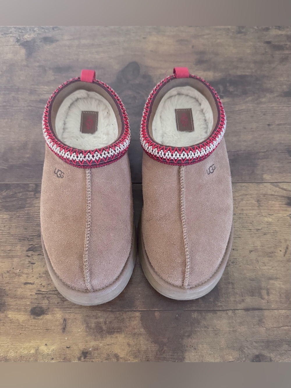 UGG Women's Chestnut Suede Slip-On Slippers with Red Accent